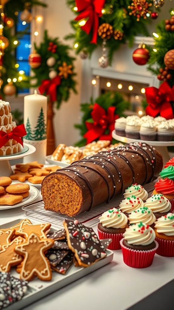 A variety of Christmas desserts including gingerbread cookies, yule log, peppermint bark, and cupcakes on a festive table.